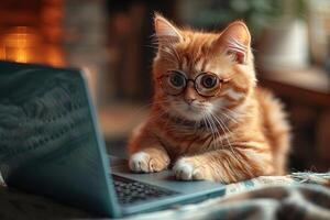 ai generado gato utilizando un ordenador portátil felino trabajo desde hogar participativo en un virtual reunión, vistiendo lentes para ese profesional toque foto