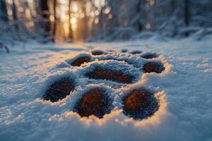 AI generated bigfoot feet footprint on the snow photo