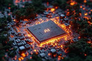 AI generated microchip with AI logo text irradiating pulse of blue energy to other circuits Artificial intelligence circuit line style. Machine learning design. Smart network digital technology. AI. photo