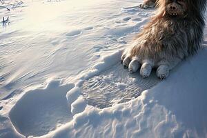 AI generated bigfoot feet footprint on the snow photo