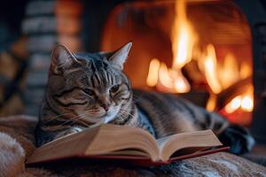 ai generado gato leyendo por el hogar imagen un sofisticado gato rizado arriba por el chimenea, absorto en un minúsculo libro, mostrando un refinado gusto para literatura en un acogedor hogar ajuste foto