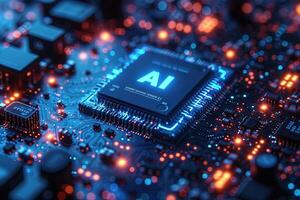 AI generated microchip with AI logo text irradiating pulse of blue energy to other circuits Artificial intelligence circuit line style. Machine learning design. Smart network digital technology. AI. photo