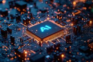 AI generated microchip with AI logo text irradiating pulse of blue energy to other circuits Artificial intelligence circuit line style. Machine learning design. Smart network digital technology. AI. photo