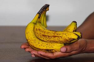 Hands Holding Ripe Banana bunch photo