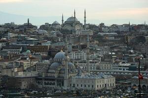 New Mosque istanbul aerial cityscape at sunset from galata tower photo