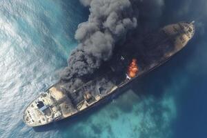 AI generated Cargo ship oil tanker in red sea being hit by missile Burning ship photo