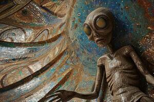 AI generated alien shape mosaic on alien temple ceiling photo