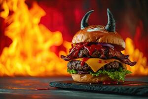 ai generado diablo forma hamburguesa en un infierno en fuego antecedentes foto