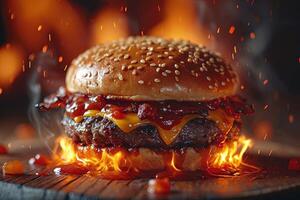 AI generated demonic cheesburger hell in flame background photo