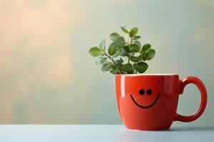 AI generated Red smiley mug with plant on light background. Generative AI photo