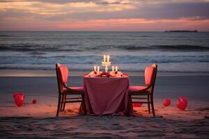 ai generado romántico fecha por el mar, cena a puesta de sol. generativo ai foto