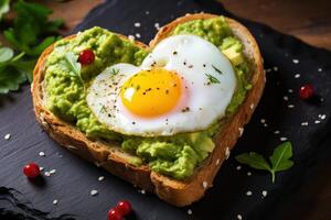 ai generado corazón conformado aguacate brindis con frito huevos, San Valentín día desayuno. generativo ai foto