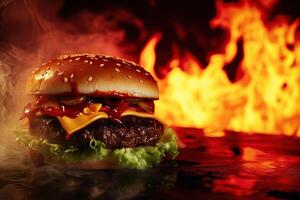 AI generated demonic cheesburger hell in flame background photo