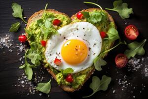 AI generated Avocado toast or sandwich in heart shape with fried egg on black background. Generative AI photo