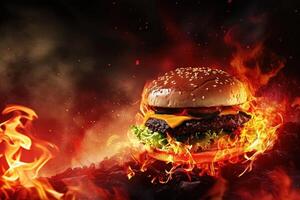 ai generado demoníaco hamburguesa con queso infierno en fuego antecedentes foto