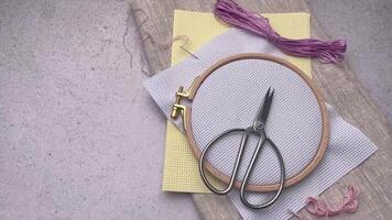 Embroidery hoop, fabric, thread and other accessories video