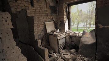 The ruins of an apartment in a destroyed residential building as a result of a bombing by the Russian army in the city of Borodyanka. Inside view. Russian invasion of Ukraine. video