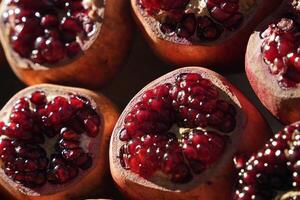cortar granada Fruta en un Fruta y vegetal al aire libre tienda. turco granada frutas sano dieta concepto. foto