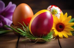 AI generated Easter, colorful painted eggs decorated with ornaments and patterns, eggs in nests and greenery, spring flowers, wooden background photo