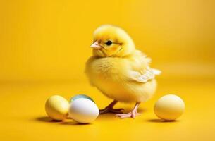 AI generated world bird day, Easter, funny yellow chick, little Easter chicken, poultry, colorful colored eggs, yellow background photo
