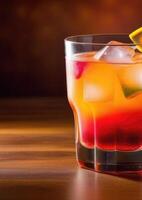 AI generated Tequila Sunrise alcoholic cocktail, soft drink with ice, summer cocktail with grenadine and orange, International Bartenders Day, bright background, vertical banner photo