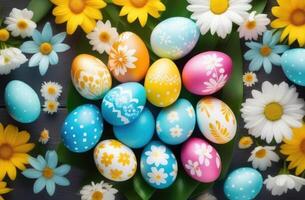 AI generated Easter, lots of colorful painted eggs, delicate pastel shades, patterns and ornaments, spring flowers, top view, green wooden background photo