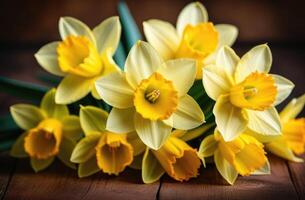 ai generado S t. David día, internacional De las mujeres día, madres día, ramo de flores de amarillo narcisos, primavera flores, de madera antecedentes foto