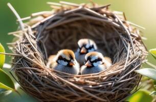 ai generado internacional pájaro día, mundo gorrión día, Tres pequeño gorriones en un nido en un árbol rama, pequeño pollitos, soleado día, verde antecedentes foto