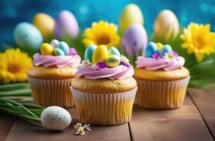 ai generado Pascua de Resurrección, Pascua de Resurrección postre, tradicional Pascua de Resurrección pasteles, magdalena decorado con de colores crema, de colores huevos, primavera flores, de madera mesa, azul antecedentes foto