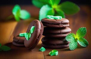 AI generated St. Patrick's Day, traditional Irish pastries, national Irish cuisine, stack of cookies, mint cookies with chocolate filling, chocolate dessert, mint cream, mint leaves, wooden table photo