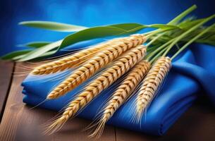 AI generated Vaisakhi, Sikh New Year, Shavuot jewish, bouquet of wheat, rye and cereals, ears of wheat, wooden background photo