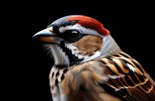 ai generado internacional pájaro día, mundo gorrión día, pequeño gorrión en un árbol rama, macro fotografía, de cerca, negro antecedentes foto