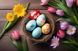 AI generated Easter, colorful painted eggs decorated with ornaments and patterns, eggs in a wicker nest, tulips and chrysanthemums, spring flowers, wooden background, top view photo