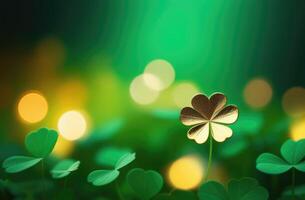 AI generated St. Patrick's Day, abstract green background, background with clover leaves, place for text, golden flashes, bokeh effect, Irish shamrock, golden glow, magic and luck photo