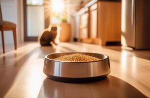 AI generated National Pet Day, world cat Day, a full bowl of cat food on the floor, sunlight, bright kitchen, silhouette of a cat on a blurred background photo