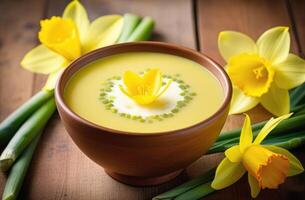 ai generado S t. David día, nacional galés cocina, tradicional cebolla sopa graznido cennin, Puerro y amarillo narciso, primavera flores, delicioso foto