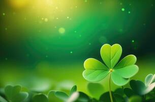 AI generated St. Patrick's Day, abstract green background, background with clover leaves, golden glow, place for text, bokeh effect, golden flashes, Irish shamrock photo