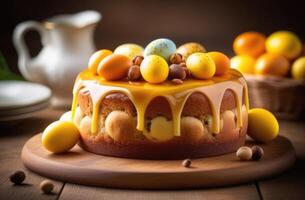 AI generated Easter, Easter dessert, traditional Easter pastries, national Irish simnel cake decorated with marzipan balls and colored eggs, golden glaze, wooden table photo