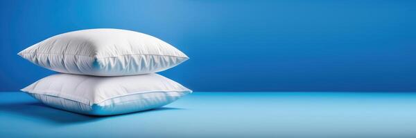 AI generated horizontal web banner for a textile store, World Sleep Day, bed linen, stack of two white pillows, blue background, place for text photo