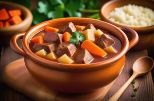 AI generated St. Patrick's Day, traditional Irish pastries, national Irish cuisine, beef stew, roast meat with potatoes, carrots, vegetables and herbs photo