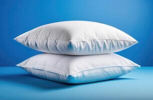 AI generated World Sleep Day, bed linen, stack of two white pillows, blue background photo