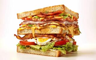 AI generated Exceptionally tall Club sandwich, featuring a ingredients layered between slices of white bread. This includes bacon, lettuce, tomato, cheese, and egg. Isolated on white background. photo