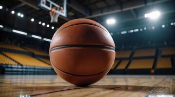 ai generado un baloncesto es metido en el Corte en frente de un baloncesto aro. el antecedentes es un borroso fuera arena con asientos. el Encendiendo es enfocado en el pelota. foto