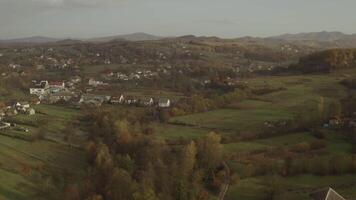 Drone flies over the village in the morning in autumn video