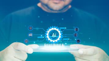 Men use artificial intelligence. Software technology AI to help and support work for chatbot, generate image photo