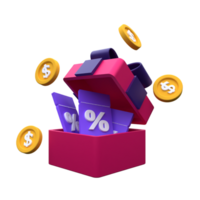 Open gift with gift coupon coins 3D rendering icon illustration simple.Realistic illustration png