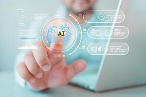 Man touch a holographic interface Ai chat bot and industrial control with robot hands and human. photo