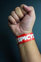 Bangkok, Thailand - February 5, 2024 A red of wristband from spicydisc. The spicydisc is is a music label in Thailand and famous. photo