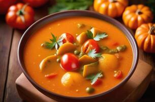 AI generated Holi, a celebration of spring and bright colors in India, traditional Indian cuisine, national Indian dish, Sambar with pumpkin and tomatoes, vegetable soup photo