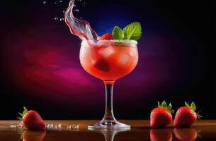 AI generated soft drink with ice, alcoholic cocktail margarita strawberry, summer cocktail with berries, International Bartenders Day, dark background, wooden table photo